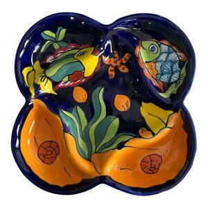 VTG Hand Painted Mexican Talavera Style Divided Dish 10” Ceramic Floral Fish Des